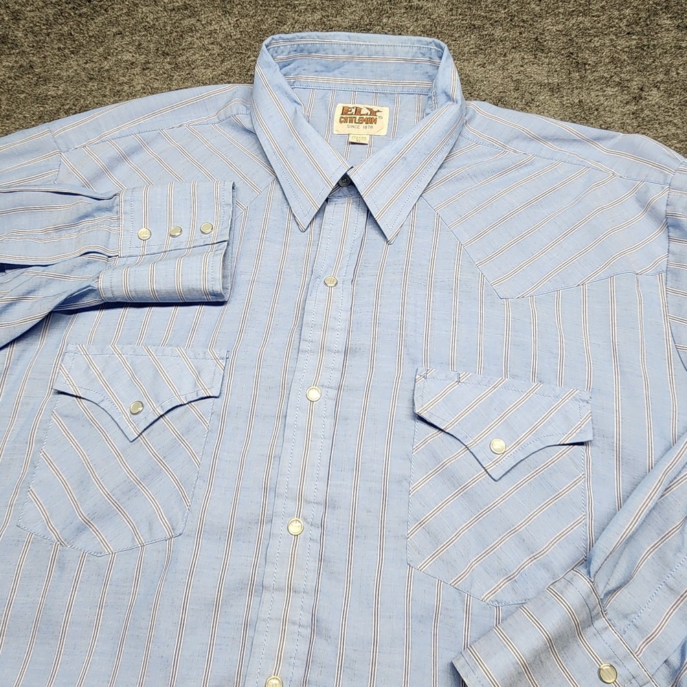 Ely Cattleman Mens VTG Pearl Snap Western Cowboy Rodeo Blue Striped Shirt XL